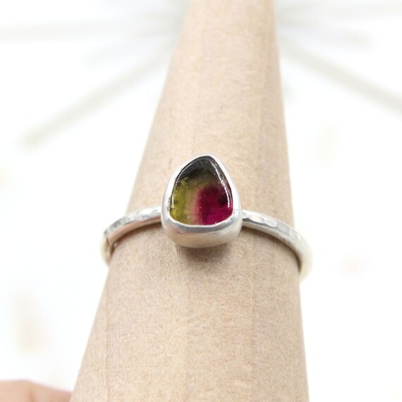 Sterling Silver Watermelon Tourmaline Ring, Silver Hammered Ring, Minimalist Ring, Oxidized Ring, Size 7.5 Ring