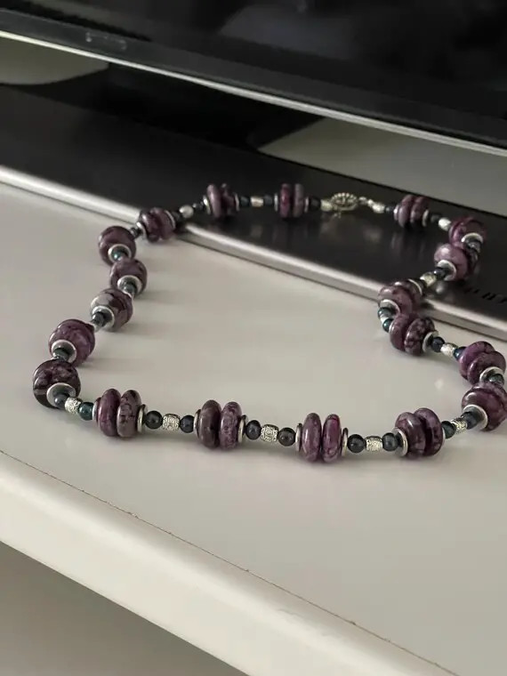 Handcrafted Sugilite Rondelle Beads With Black Pearls And Silver Spacers | Elegant Sugilite Beaded Necklace With Black Pearls And Silver