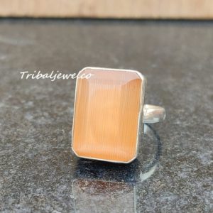 Sunset Orange Calcite Ring, 925 Sterling Silver, Spiritual Ring, Unisex Ring, All Occasion Gift, Handmade Ring, Meditation Stone, Healing | Natural genuine Orange Calcite rings, simple unique handcrafted gemstone rings. #rings #jewelry #shopping #gift #handmade #fashion #style #affiliate #ad