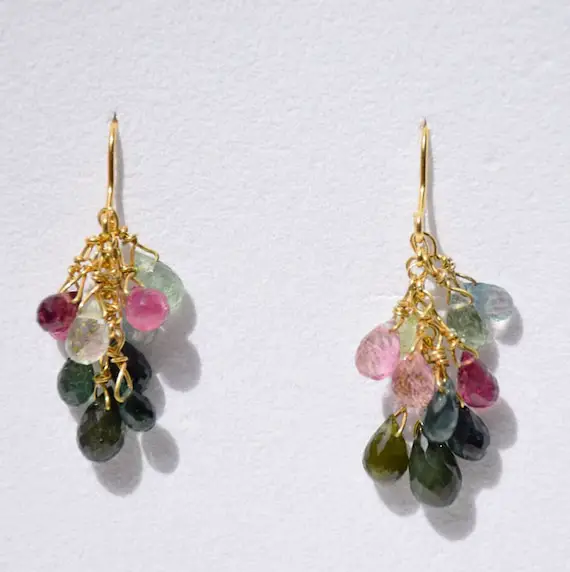 Tourmaline Cluster Earrings, Gold Watermelon Tourmaline Earrings Pink Tourmaline Crystal Green Tourmaline, Elegant Earrings Gift For Women