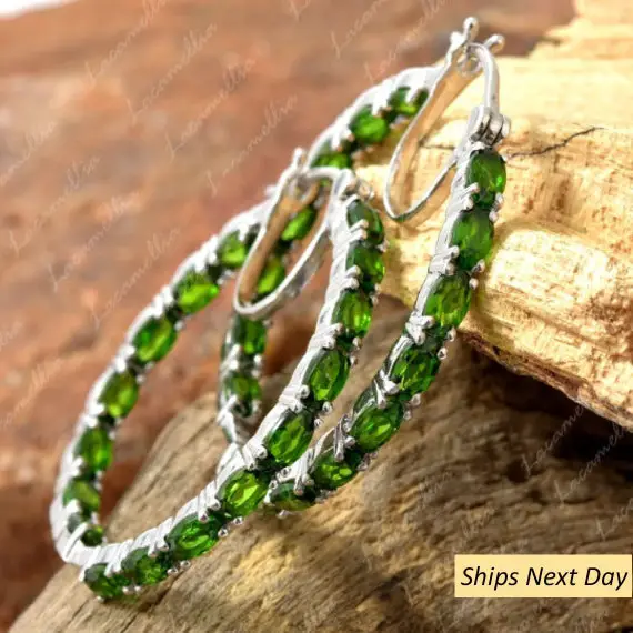 Unique Chrome Diopside Hoop Earrings , Oval Cut Green Chrome Diopside Earrings, Personalized Stud Earring Anniversary Gift For Mother Sister