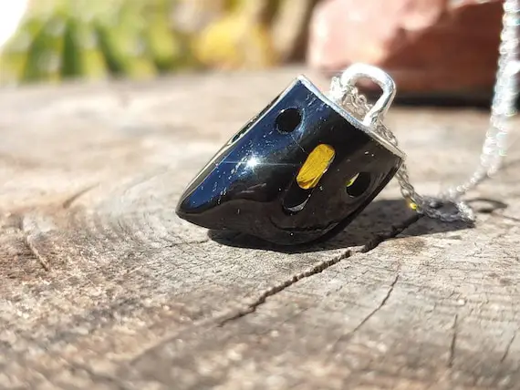 Unique Handmade Whitby Jet And Baltic Amber Pendant, 100% Natural, With Fine Silver --- Free Worldwide Shipping