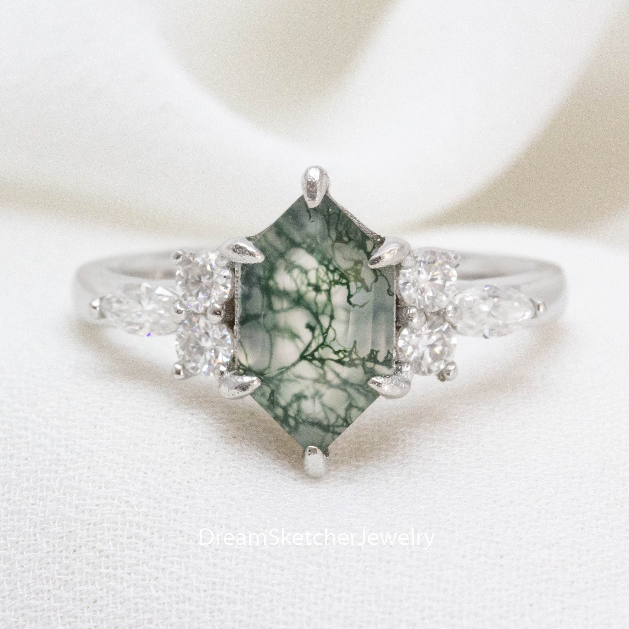 Unique Moss Agate Ring -hexagon Cut - Engagement Ring - White Gold Ring Set- Moissanite Ring -anniversary Gift