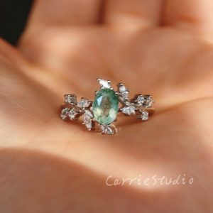 Unique Nature Inspired Moss Agate Ring/Sterling Silver Oval Engagement Ring/Green Gemstone Ring for Women/Gift for Her | Natural genuine Gemstone rings, simple unique alternative gemstone engagement rings. #rings #jewelry #bridal #wedding #jewelryaccessories #engagementrings #weddingideas #affiliate #ad