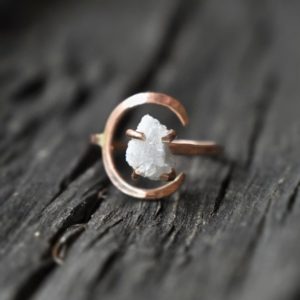 Shop Angel Aura Quartz Rings! Unique White Crystal Enganement Ring with Angel Aura Crystal in Crescent Moon Jewelry, Rose Gold Half Moon Jewelry, Celestial Goddess Ring | Natural genuine Angel Aura Quartz rings, simple unique handcrafted gemstone rings. #rings #jewelry #shopping #gift #handmade #fashion #style #affiliate #ad