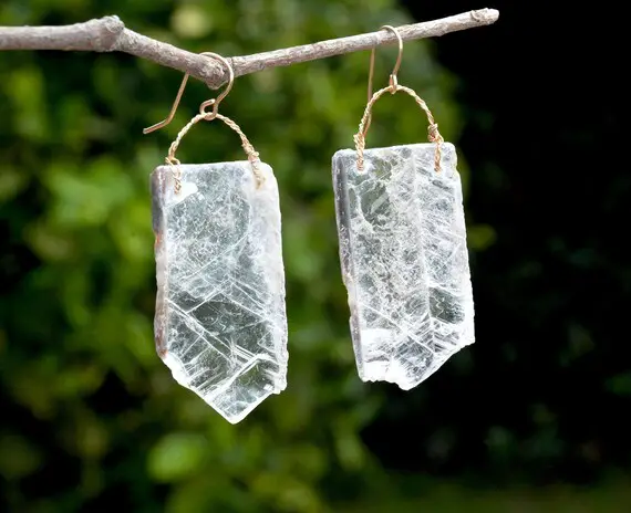 Raw Selenite Earrings Gold Filled Earrings Selenite Jewelry From Israel Very Big Transparent Crystal Earring Statement Earring Free Shipping