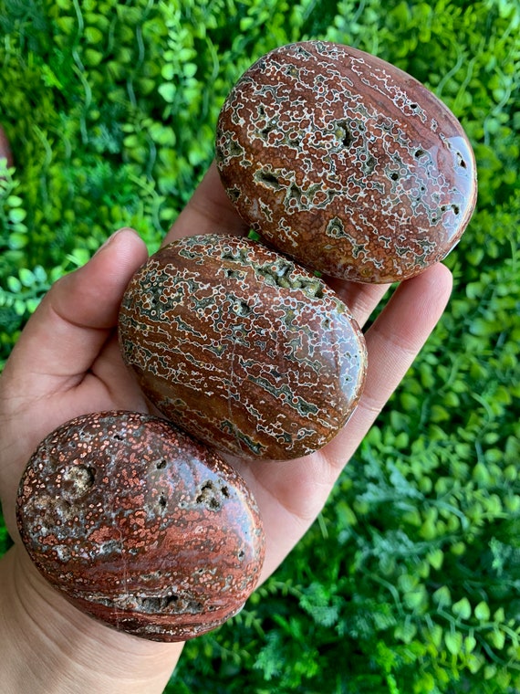 Vibrant Orbicular Ocean Jasper Palm Stone, Red And Green, Botryoidal Drusy, Indonesia, Set F112 To J128, Stone Of Uplifting Energy