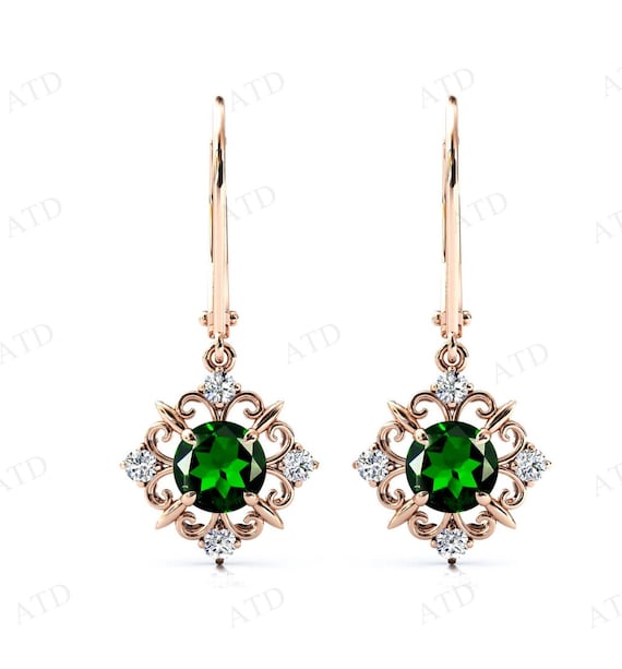Vintage Chrome Diopside Earrings For Women Rose Gold Earrings Art Deco Lever Back Earrings Green Gemstone Earrings Antique Style Earrings