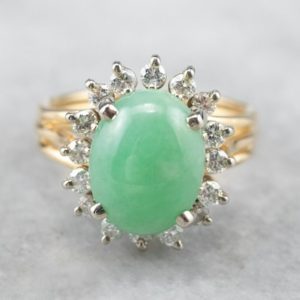 Shop Jade Rings! Vintage Jade and Diamond Halo Ring, Two Tone Gold Jade Ring, Jade Cabochon Ring, Anniversary Ring, Jade Jewelry, Birthday Gift RQQ8L5LF | Natural genuine Jade rings, simple unique handcrafted gemstone rings. #rings #jewelry #shopping #gift #handmade #fashion #style #affiliate #ad