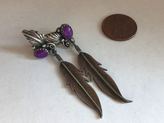 Vintage Navajo Sugilite Feather Earrings Sherry Sandoval Sterling Silver