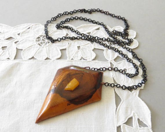 Vintage Wooden Necklace Baltic Amber Necklace Vintage Amber Necklace Wood Amber Pendant Amber Jewelry Natural Amber Necklace