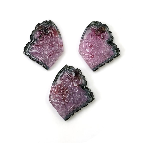 Watermelon Tourmaline Gemstone Carving : 62.20cts Natural Untreated Tourmaline Hand Carved Uneven 24*21mm - 25*23.5mm 3pcs