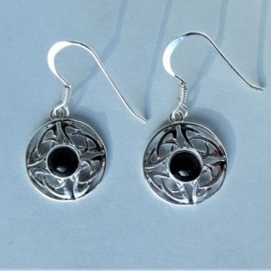 Shop Jet Earrings! Whitby Jet and Silver Round Celtic Knot Earrings | Natural genuine Jet earrings. Buy crystal jewelry, handmade handcrafted artisan jewelry for women.  Unique handmade gift ideas. #jewelry #beadedearrings #beadedjewelry #gift #shopping #handmadejewelry #fashion #style #product #earrings #affiliate #ad