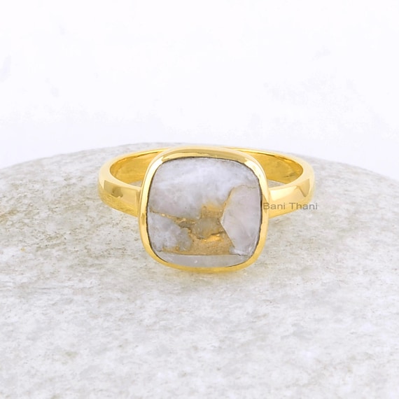 White Calcite Ring-copper White Calcite 10x10mm Cushion Sterling Silver Ring-18k Gold Plated Ring-gemstone Ring