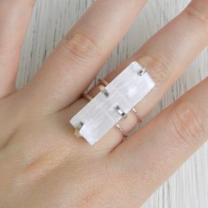 Shop Selenite Rings! White Selenite Ring Silver Adjustable, Cleansing Healing Crystal Rings for Women, Christmas Gifts For Her, G14-756 | Natural genuine Selenite rings, simple unique handcrafted gemstone rings. #rings #jewelry #shopping #gift #handmade #fashion #style #affiliate #ad