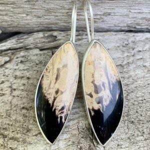 Shop Petrified Wood Jewelry! Wing Like Free Form Petrified Palm Wood Sterling Silver Earrings | Statement Earrings | Long Dangle Earrings | Silver Statement Earrings | Natural genuine Petrified Wood jewelry. Buy crystal jewelry, handmade handcrafted artisan jewelry for women.  Unique handmade gift ideas. #jewelry #beadedjewelry #beadedjewelry #gift #shopping #handmadejewelry #fashion #style #product #jewelry #affiliate #ad