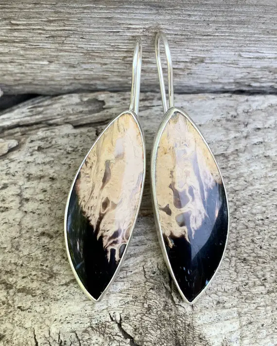 Wing Like Free Form Petrified Palm Wood Sterling Silver Earrings | Statement Earrings | Long Dangle Earrings | Silver Statement Earrings