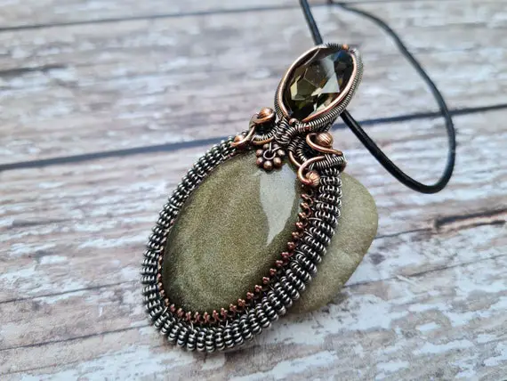 Wire Wrapped Golden Obsidian & Crystal Pendant, Everyday Casual Wear Mixed Metal Necklace, Dragonglass Jewellery, Chunky Statement Necklace