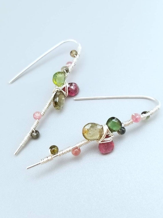 Wire Wrapped Silver Tourmaline Flower Earrings-tourmaline Floral Earrings-watermelon Tourmaline Earrings-colorful Gemstone Earrings