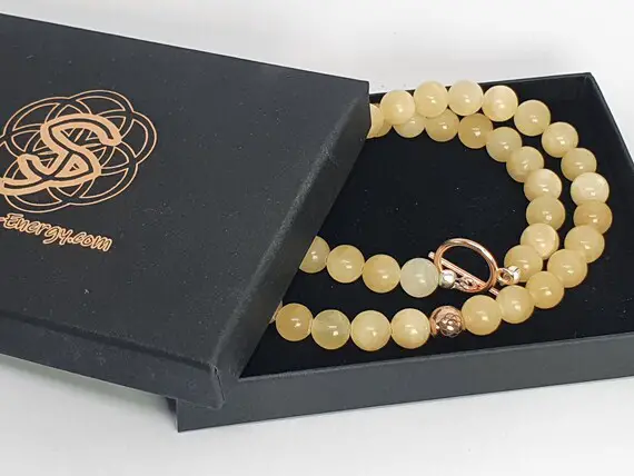 Yellow Aragonite Necklace Round Bead Gemstone 8mm Handmade Hand Crafted Collar Choker Healing Reiki Energy Gem Lucky Charm Uk Britain Jewel