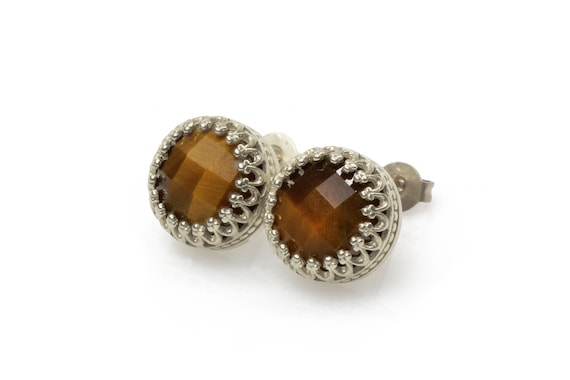 14k Gold Tiger's Eye Earrings · Crown Earrings · Victorian Earrings · Brown Bronze Earrings · Stud Earrings