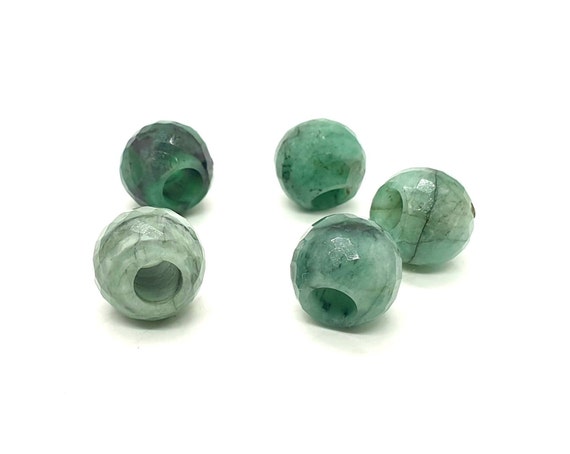 5pc Lot, Natural Emerald Gemstone, Faceted European Large Hole Beads, Aaa+ Quality Green Emerald Round Beads, 5mm Hole May Birthstone, 12mm