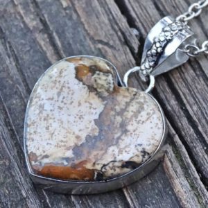 925 – Large Jasper Heart Necklace, Sterling Silver, Natural Stone Picture Jasper Pendant, OOAK, raw stone Heart Necklace, Statement Heart | Natural genuine Gemstone necklaces. Buy crystal jewelry, handmade handcrafted artisan jewelry for women.  Unique handmade gift ideas. #jewelry #beadednecklaces #beadedjewelry #gift #shopping #handmadejewelry #fashion #style #product #necklaces #affiliate #ad