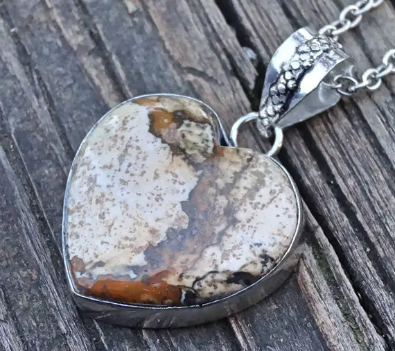 925 - Large Jasper Heart Necklace, Sterling Silver, Natural Stone Picture Jasper Pendant, Ooak, Raw Stone Heart Necklace, Statement Heart