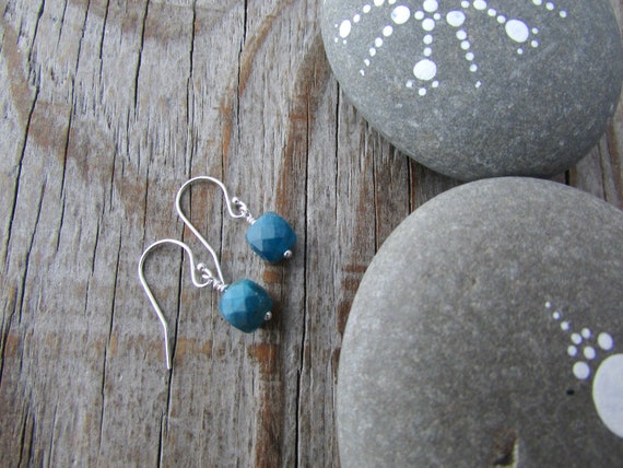 Apatite Earrings, Gemstone Cubes, Bright Blue Apatite Dangle Earrings