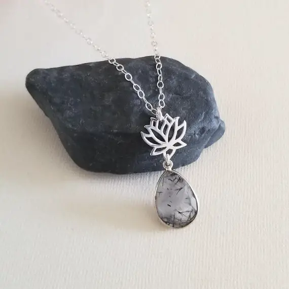 Black Rutilated Quartz Necklace, Sterling Silver Lotus Flower Pendant, Raw Gemstone Necklace, Black Crystal Necklace, Gift For Her
