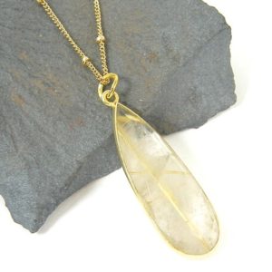 Gold Rutilated Quartz Necklace Beige Gemstone Teardrop Gold Long Framed Stone Simple 14KT Gold Fill Chain Pendant Statement Necklace |NB2-55 | Natural genuine Gemstone necklaces. Buy crystal jewelry, handmade handcrafted artisan jewelry for women.  Unique handmade gift ideas. #jewelry #beadednecklaces #beadedjewelry #gift #shopping #handmadejewelry #fashion #style #product #necklaces #affiliate #ad