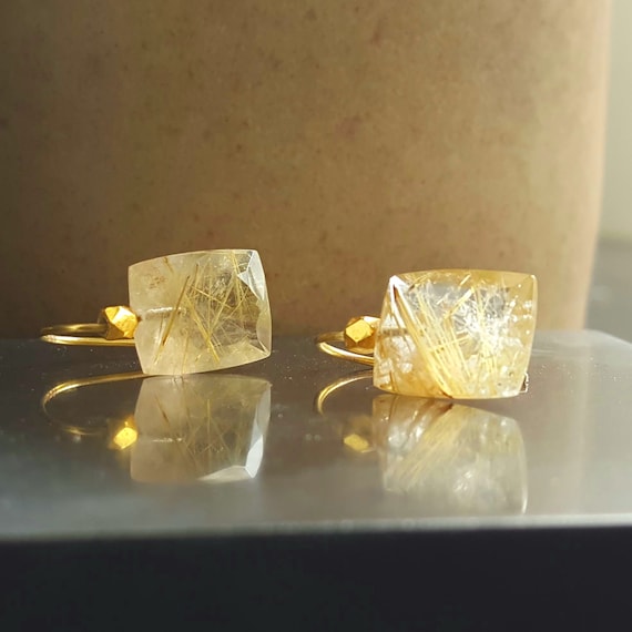 Golden Rutilated Quartz 18k Solid Gold Earrings Rutilated Quartz Earrings - Gold Rutilated Quartz - - Gold Gemstone Earrings