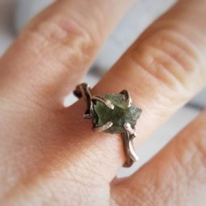 MOLDAVITE Ring Sterling Silver | Rustic Silver Twig Ring | Raw Certified Moldavite | Natural genuine Moldavite rings, simple unique handcrafted gemstone rings. #rings #jewelry #shopping #gift #handmade #fashion #style #affiliate #ad