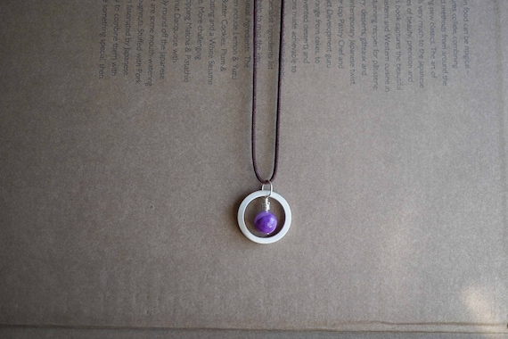 Natural Sugilite Charm, Handmade Sugilite Pendant, Sterling Silver Brushed Charm, Open Ring Charm