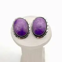 Oval Sugilite Shadowbox Post Earrings | Natural genuine Gemstone jewelry. Buy crystal jewelry, handmade handcrafted artisan jewelry for women.  Unique handmade gift ideas. #jewelry #beadedjewelry #beadedjewelry #gift #shopping #handmadejewelry #fashion #style #product #jewelry #affiliate #ad