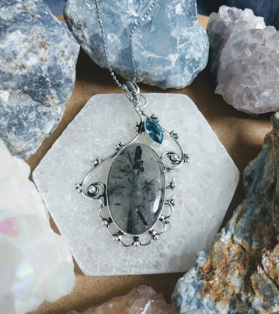 Rutilated Quartz Necklace With Blue Topaz 925 Silver Pendant Crystal Healing Natural Stone