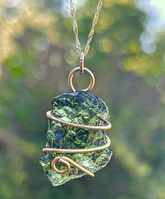 Solid 14k Gold Wire Wrapped Moldavite Necklace With 14k Gold Chain