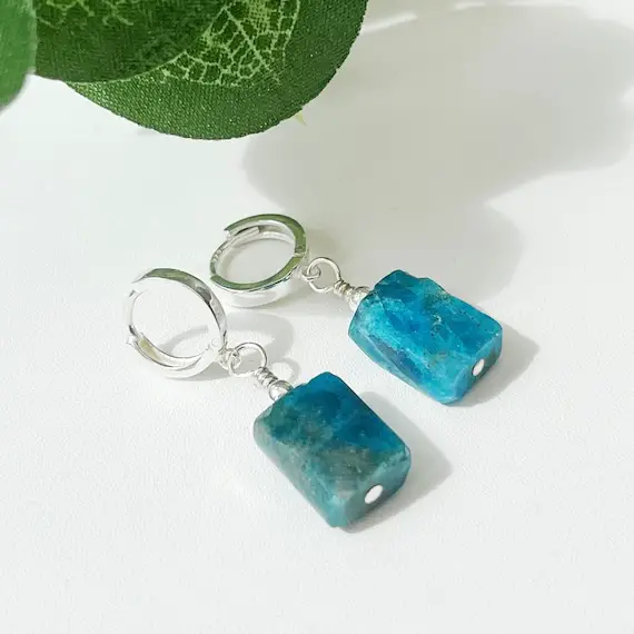 Sterling Silver Huggie Hoop Earrings With Neon Blue Apatite Earrings, Gift For Her, Blue Gemstone Earrings