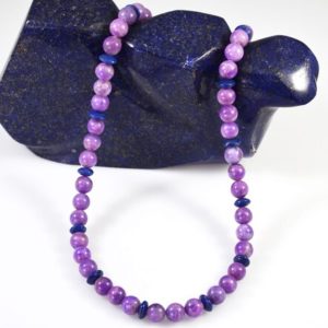 Shop Sugilite Necklaces! Rare Sugilite and Lapis Lazuli Necklace 18 Inches With a Sterling Lobster Clasp | Natural genuine Sugilite necklaces. Buy crystal jewelry, handmade handcrafted artisan jewelry for women.  Unique handmade gift ideas. #jewelry #beadednecklaces #beadedjewelry #gift #shopping #handmadejewelry #fashion #style #product #necklaces #affiliate #ad
