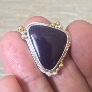 Shop Sugilite Rings! SUGILITE Ring / Textured & Patterned Silver w/14-18k Yellow GOLD / SIZE 7.5 / Dark rich Purple – High Polish Cab  Special Look from Monterey | Natural genuine Sugilite rings, simple unique handcrafted gemstone rings. #rings #jewelry #shopping #gift #handmade #fashion #style #affiliate #ad