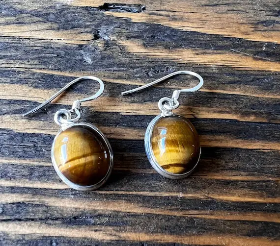 Tiger Eye Sterling Silver Earrings , Oval Tiger Eye Earrings , Brown Earrings, Healing Stone Earrings, Gift For Her