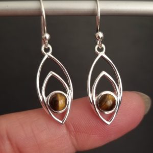 Shop Tiger Eye Earrings! Tigers Eye Earrings, Marquis 925 Sterling Silver Earrings, Brown Yellow Gemstone, Everyday Jewellery, Protection Stone, Mistry Gems, E35TE | Natural genuine Tiger Eye earrings. Buy crystal jewelry, handmade handcrafted artisan jewelry for women.  Unique handmade gift ideas. #jewelry #beadedearrings #beadedjewelry #gift #shopping #handmadejewelry #fashion #style #product #earrings #affiliate #ad