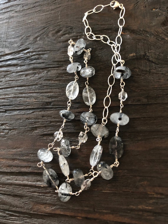 Tourmalinated Quartz And Herkimer Diamond Necklace, Black Rutilated Quartz Necklace