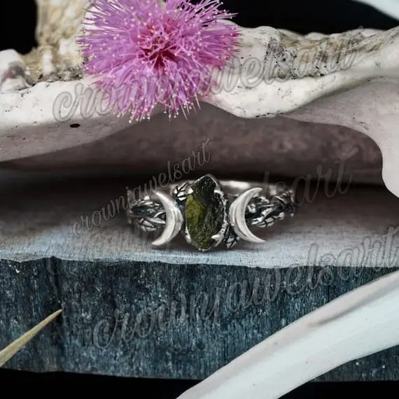 Triple Moon Phase Ring, Natural Moldavite Ring Moon 14ct Ring Sterling Silver Genuine Czech Republic Moldavite Ring Raw Moldavite Ring