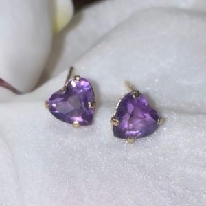 Shop Amethyst Earrings! 1.6CT Natural Purple Amethyst Heart Stud Earrings in Solid 14K Yellow Gold Basket Studs | Natural genuine Amethyst earrings. Buy crystal jewelry, handmade handcrafted artisan jewelry for women.  Unique handmade gift ideas. #jewelry #beadedearrings #beadedjewelry #gift #shopping #handmadejewelry #fashion #style #product #earrings #affiliate #ad
