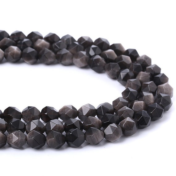 1 Full Strand 15.5" Genuine Natural Loose Star Cut Faceted Silver Obsidian Gemstone Stone Beads For Diy Jewelry Making 6mm 8mm 10mm