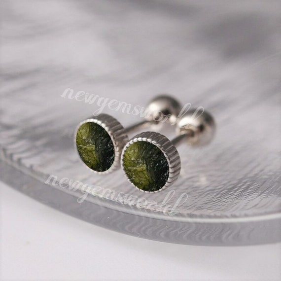 100% Natural Moldavite Raw Genuine, Stud Earrings ,authentic Moldavite, Raw Moldavite, Sterling Silver Earrings, Certified Moldavite Earring