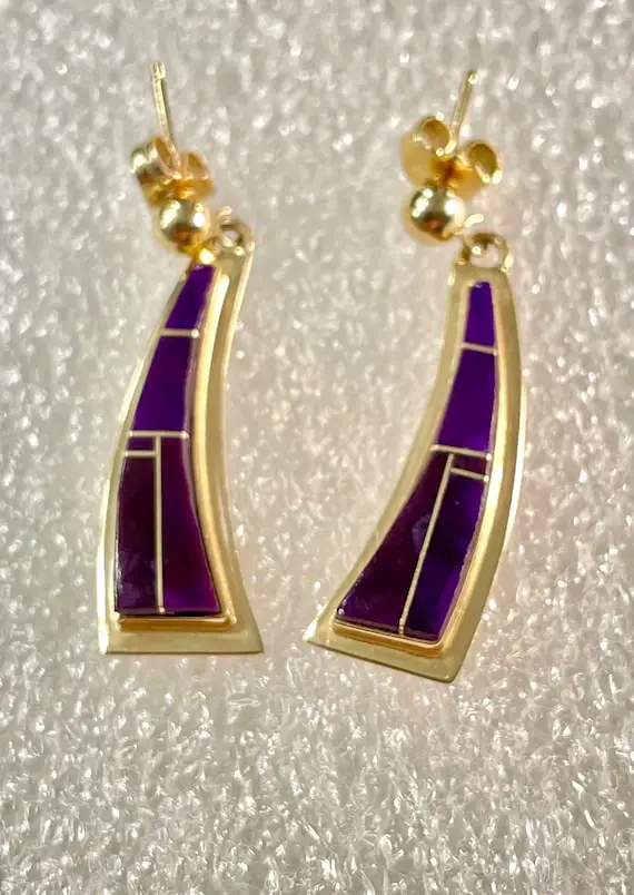 14k Sugilite Earrings Gold Navajo Inlay Earrings Vintage Signed Gilbert Nelson Sugilite Earrings Dangle Southwestern Jewelry