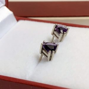 Shop Amethyst Earrings! 14K White Gold Amethyst Earrings, Deep Purple Trillaint Cut 5 mm, .80 Carat. Solid Setting and Backs | Natural genuine Amethyst earrings. Buy crystal jewelry, handmade handcrafted artisan jewelry for women.  Unique handmade gift ideas. #jewelry #beadedearrings #beadedjewelry #gift #shopping #handmadejewelry #fashion #style #product #earrings #affiliate #ad