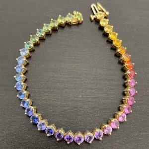Shop Sapphire Bracelets! 16.00 Rainbow Sapphire Bracelet in 14K Yellow Gold | Natural genuine Sapphire bracelets. Buy crystal jewelry, handmade handcrafted artisan jewelry for women.  Unique handmade gift ideas. #jewelry #beadedbracelets #beadedjewelry #gift #shopping #handmadejewelry #fashion #style #product #bracelets #affiliate #ad
